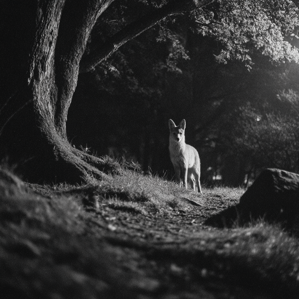 Fox in a dark woodland scene